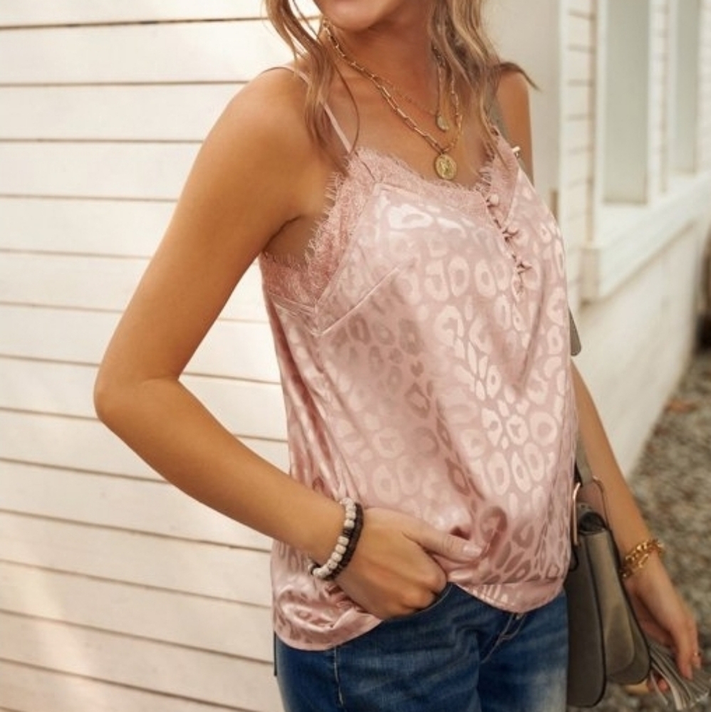 Pink Leopard Print Lace Cami Tank Top. SMALL. Excellent Condition.